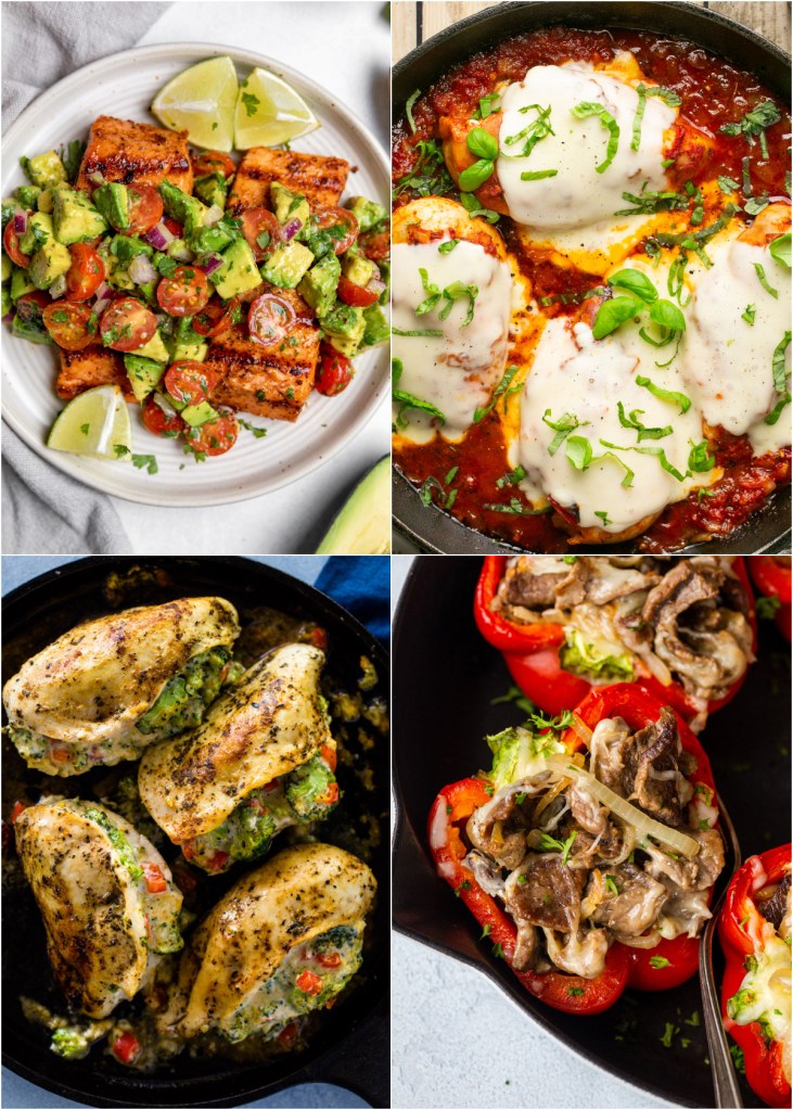 high protein, low carb meals including fish, chicken, red meat, and veggies.