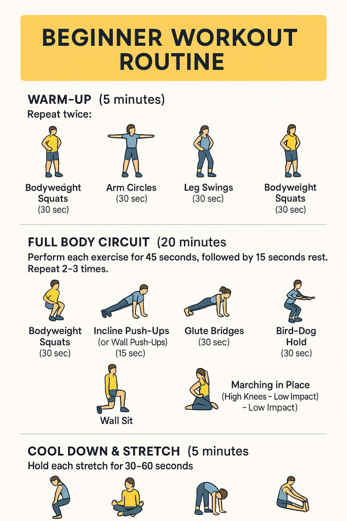 Visual guide to a beginner-friendly home workout routine with illustrated warm-up, bodyweight circuit, and cool down stretches, ideal for new exercisers.