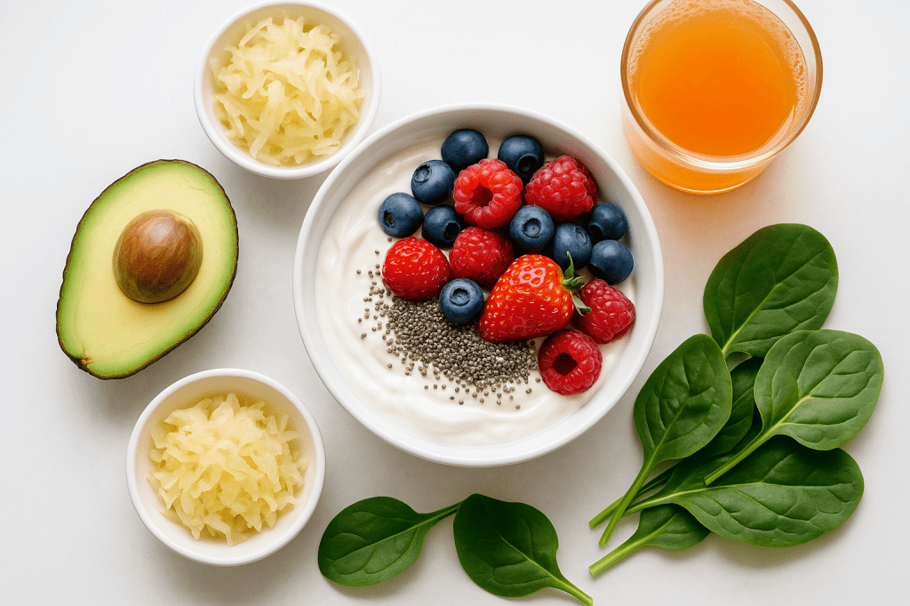 A bright, clean flat-lay of gut-friendly foods (greek yogurt, sauerkraut, berries, leafy greens, chia pudding)