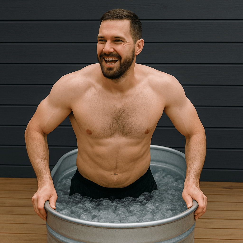 Energized individual stepping out of an ice bath during contrast therapy session