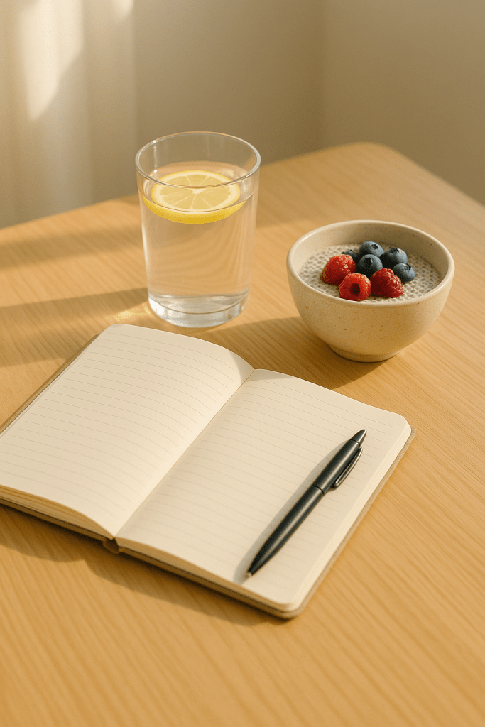 Journal, water, and healthy breakfast on a table, symbolizing a calm start to the day.