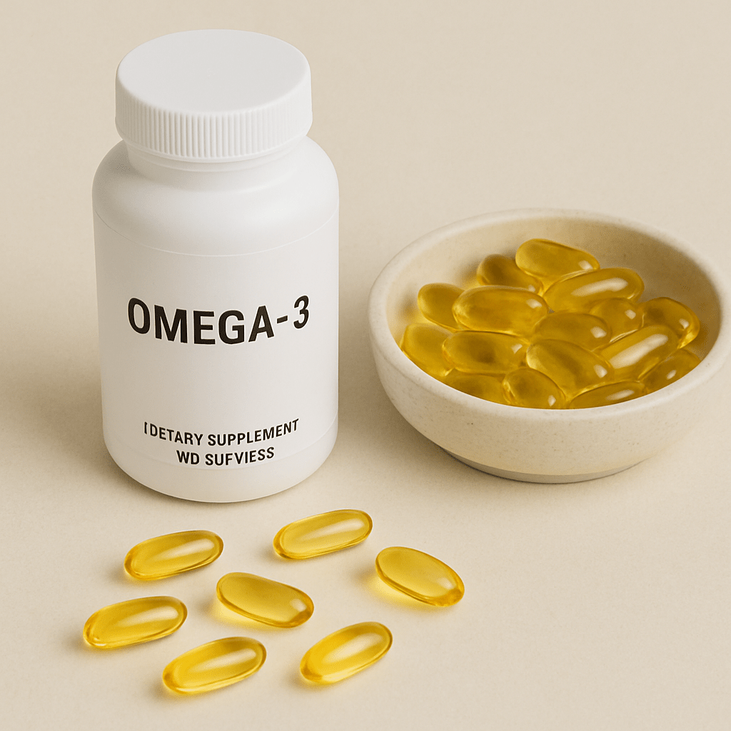 Omega-3 fish oil capsules and heart-healthy food sources
