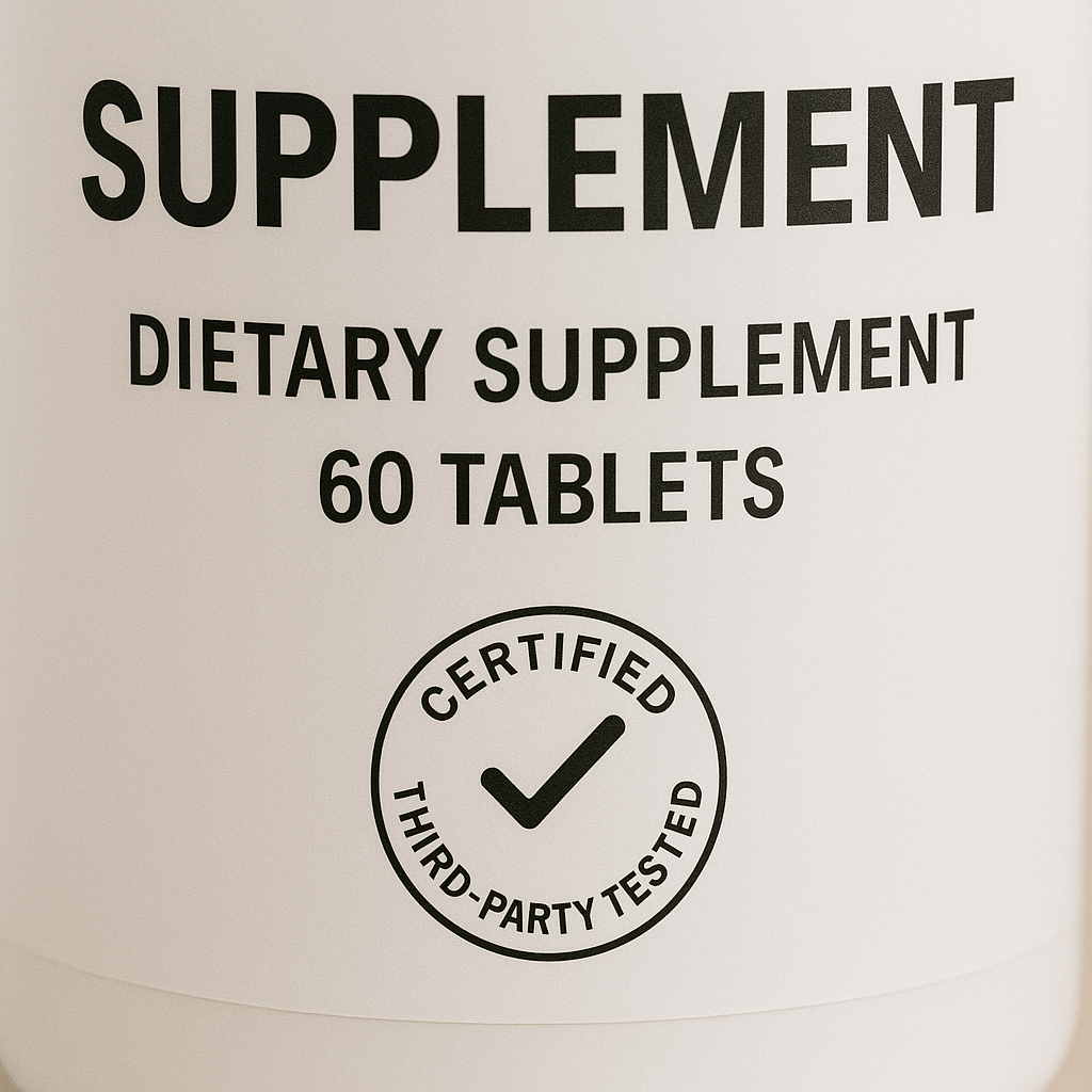 Supplement label with third-party testing certification for quality