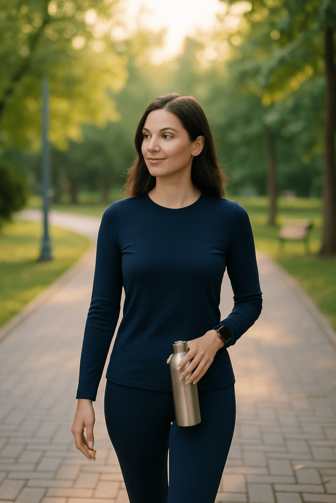 A calm image of someone walking outside in the sunlight after a meal, holding a water bottle.