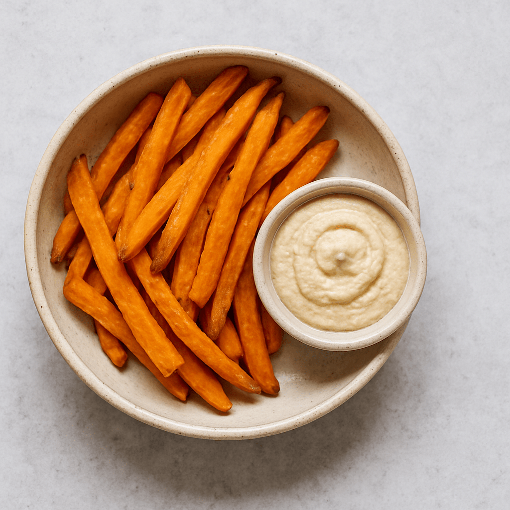Crispy baked sweet potato chips served with hummus dip