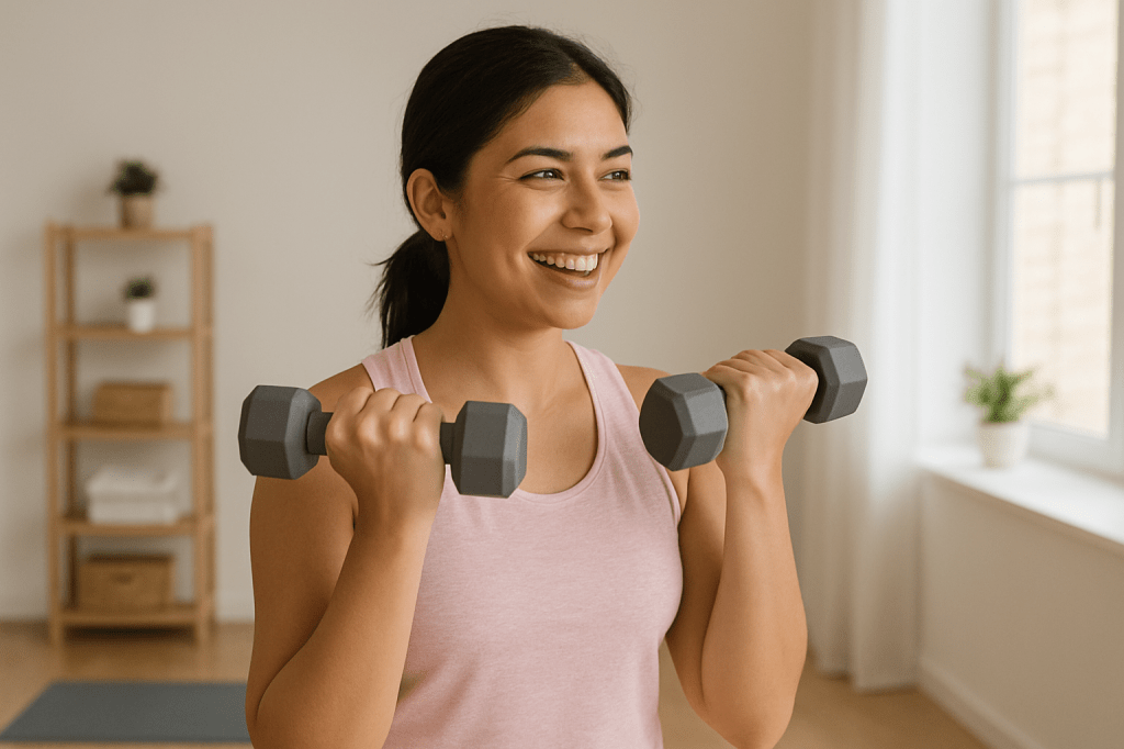 A beginner holding light dumbbells and smiling mid-workout