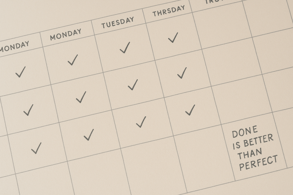 Visual of a calendar with tiny daily checkmarks and “Done is better than perfect” written in the corner