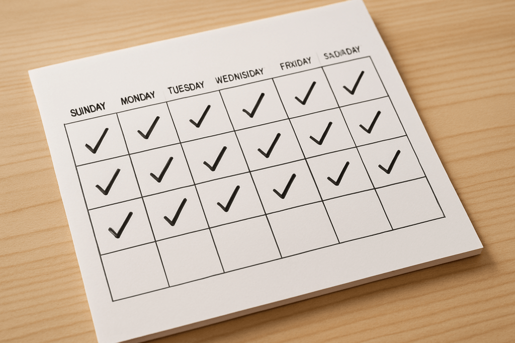 A calendar showing daily checkmarks to track fitness and diet progress