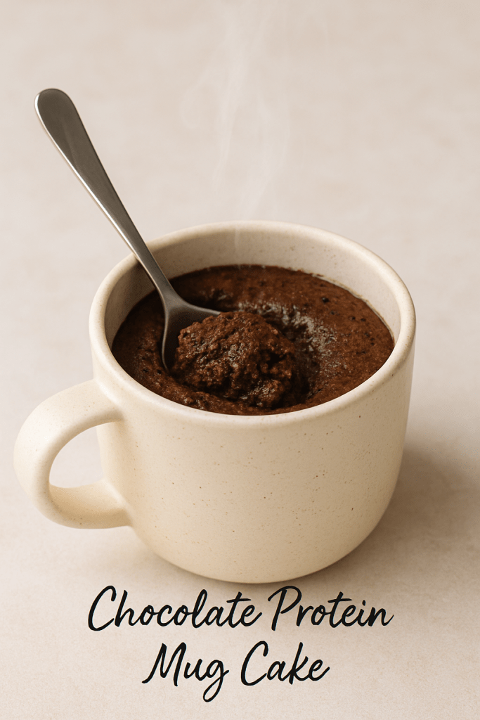 High-protein chocolate mug cake with gooey center in ceramic mug