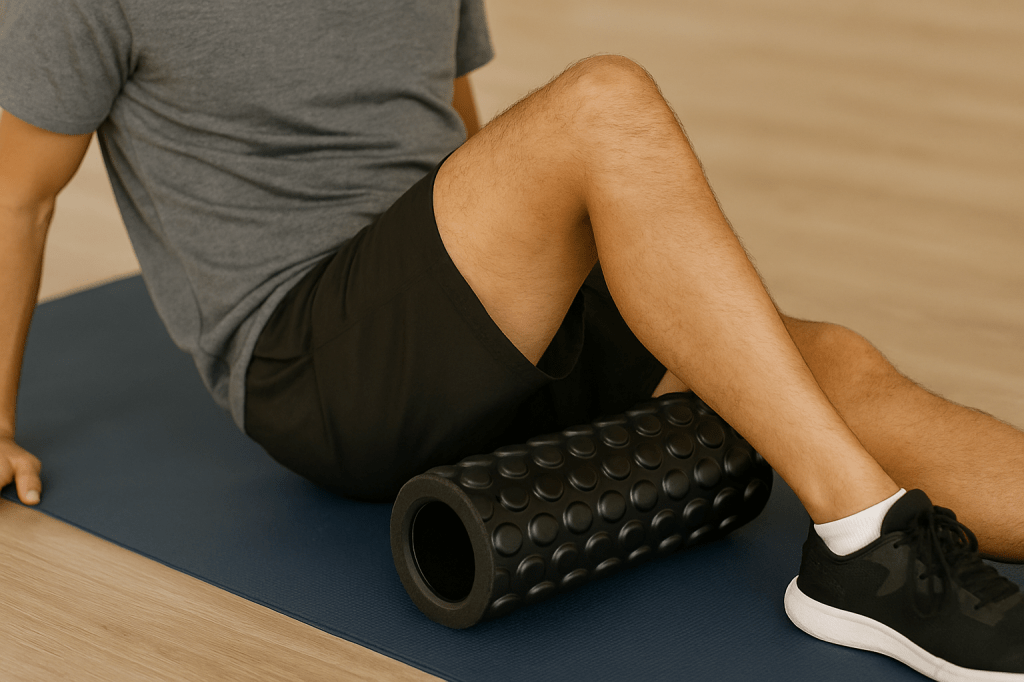 Close-up of a person foam rolling their hamstring on a yoga mat.