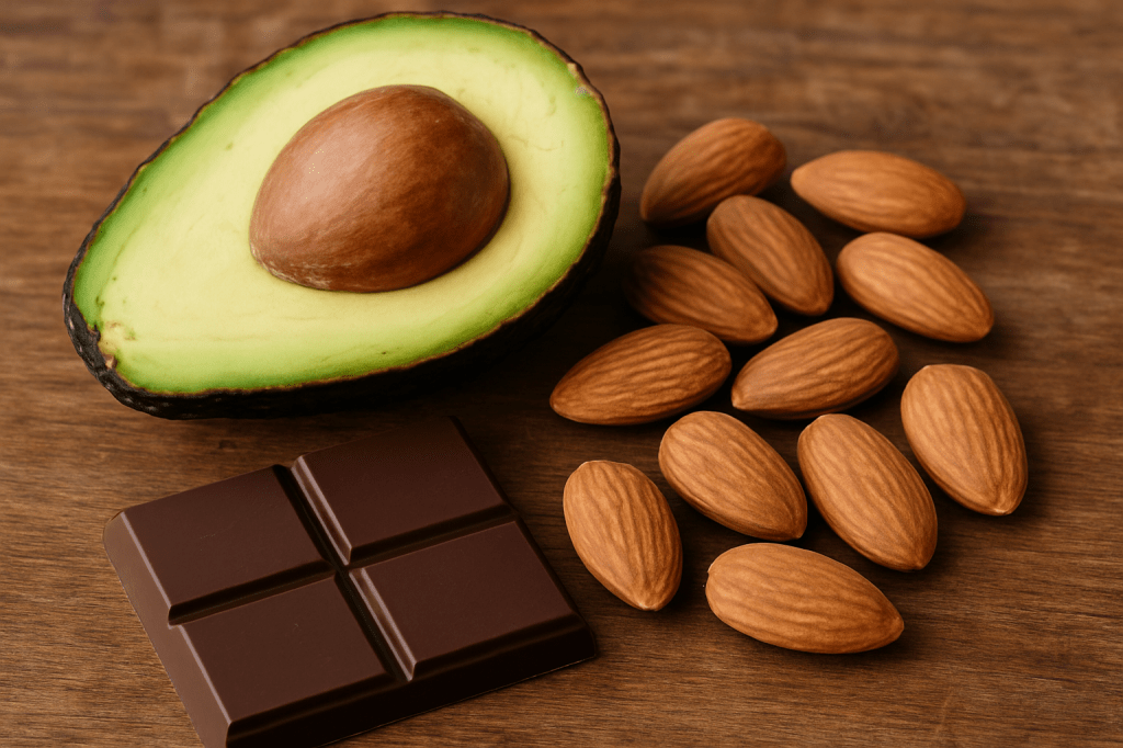 Close-up of anti-anxiety foods like dark chocolate, almonds, and avocado
