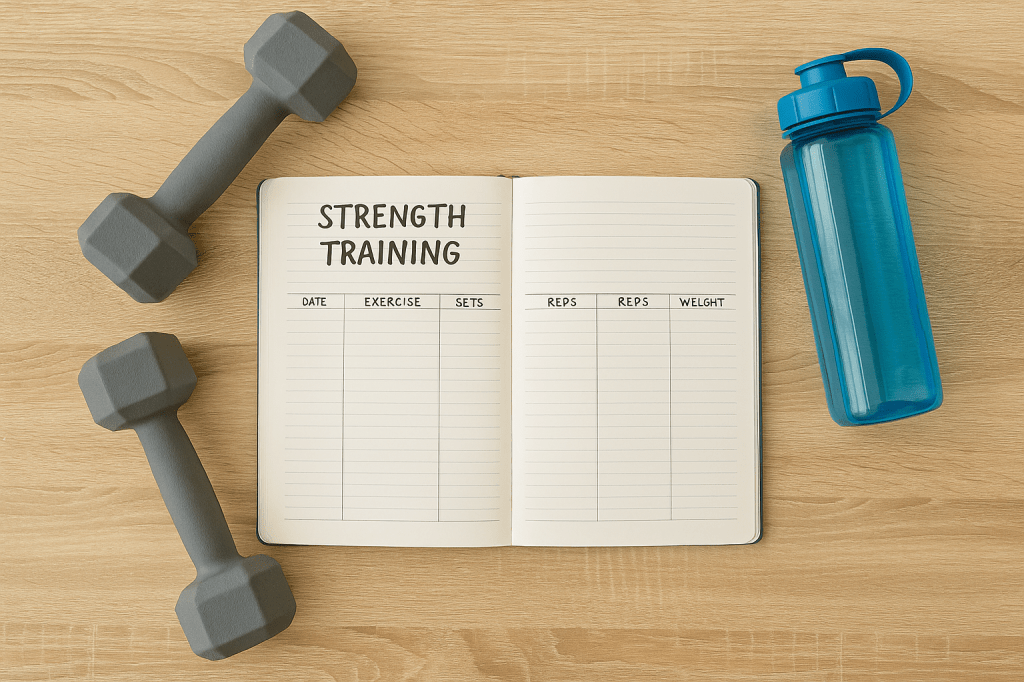Strength training progress journal with light weights and water bottle