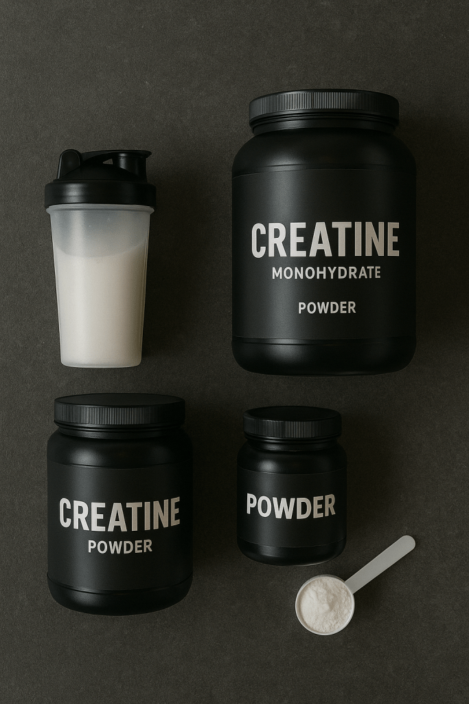 A flat lay of creatine supplement containers and a shaker bottle