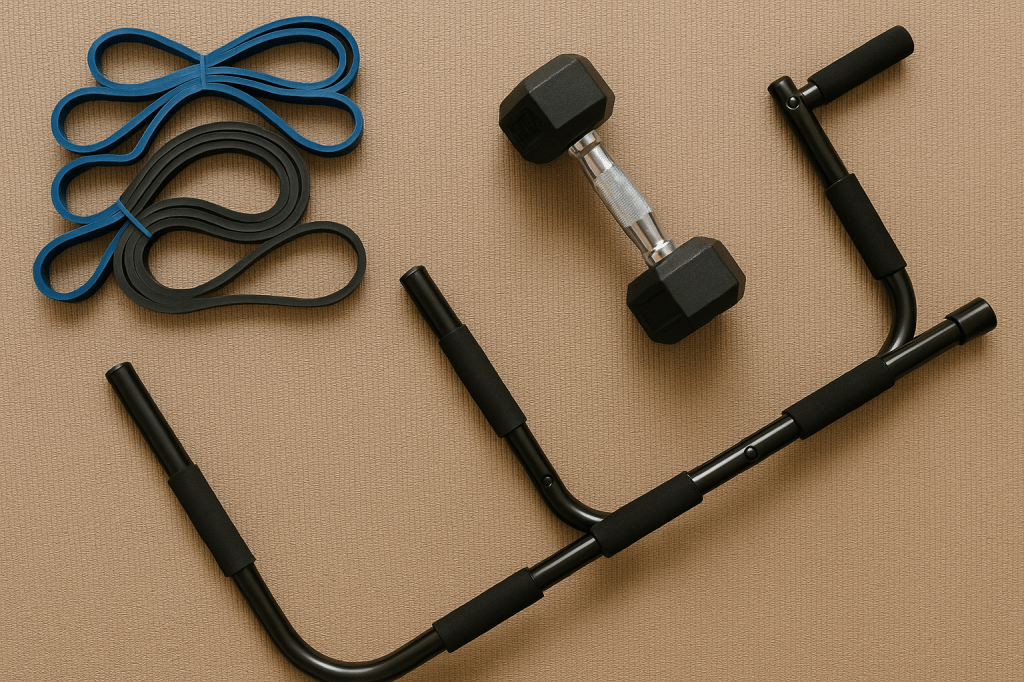 Affordable home workout equipment laid out neatly on a mat.