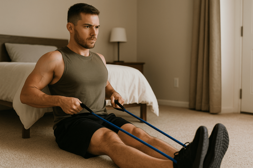 Person using resistance bands in a home gym setup to build muscle on a budget