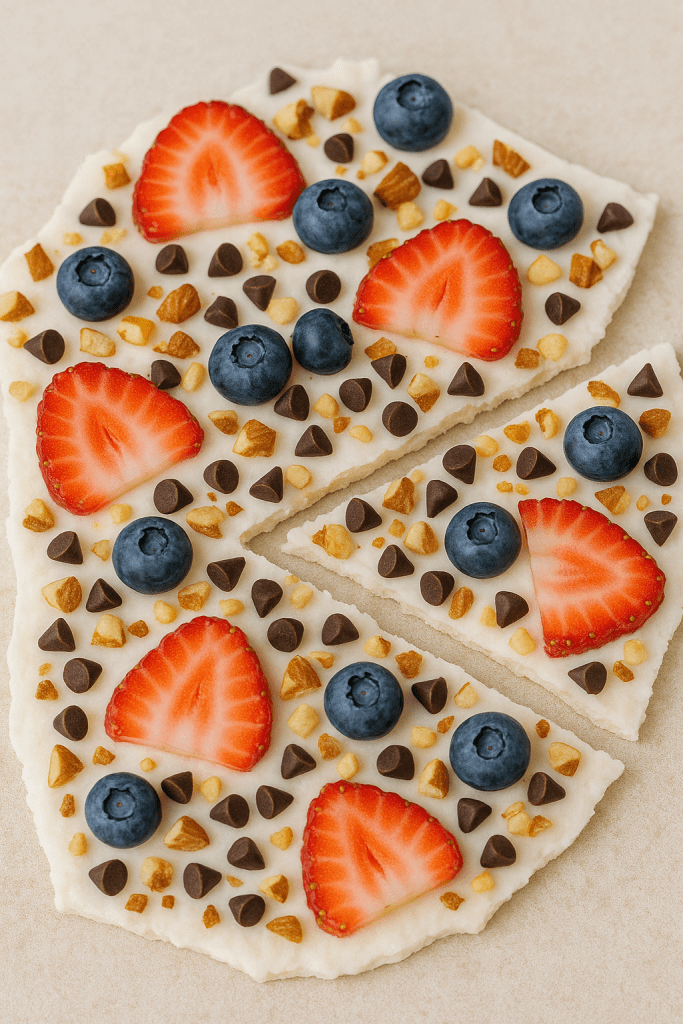 Frozen yogurt protein bark topped with berries, almonds, and mini chocolate chips
