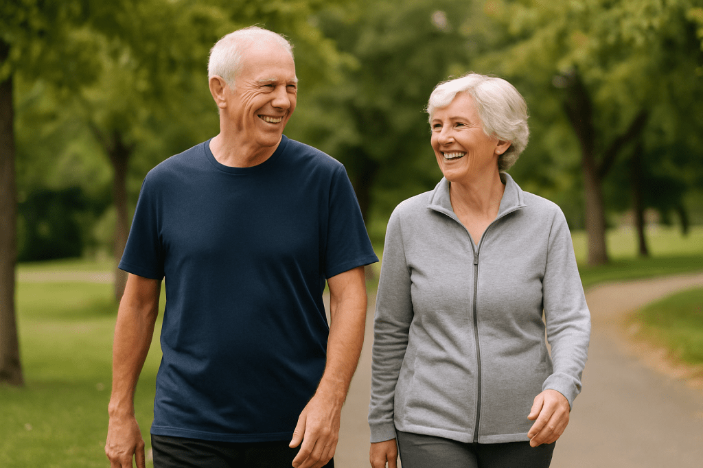 Healthy older adults walking and smiling, symbolizing the longevity benefits of Zone 2 cardio