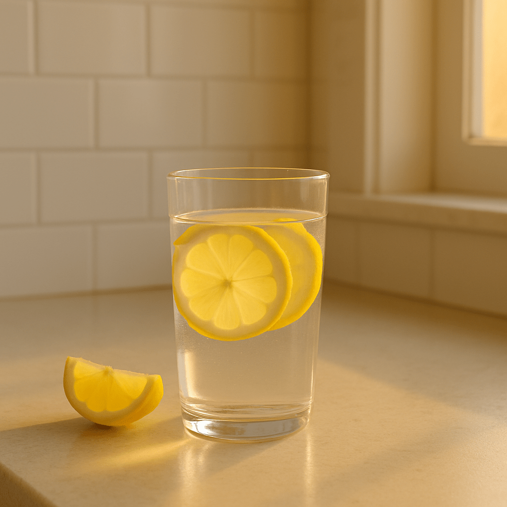 Glass of water with lemon slices on a sunny morning kitchen counter