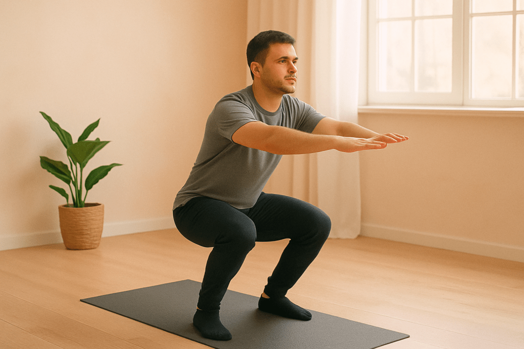 Person doing bodyweight squats in a sunlit room with a yoga mat