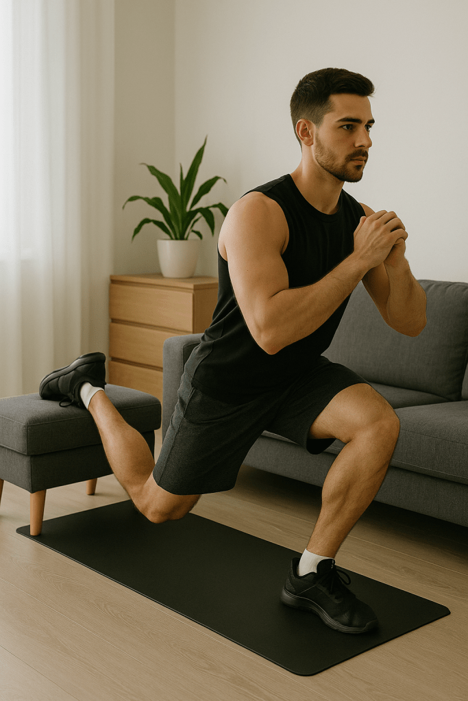 Budget-friendly lower body workout using couch for split squats.