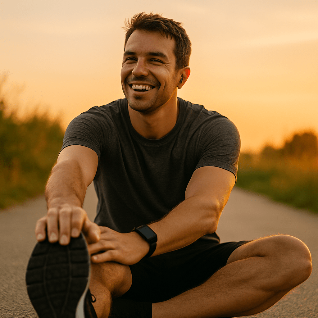 Happy person stretching after a workout, feeling accomplished