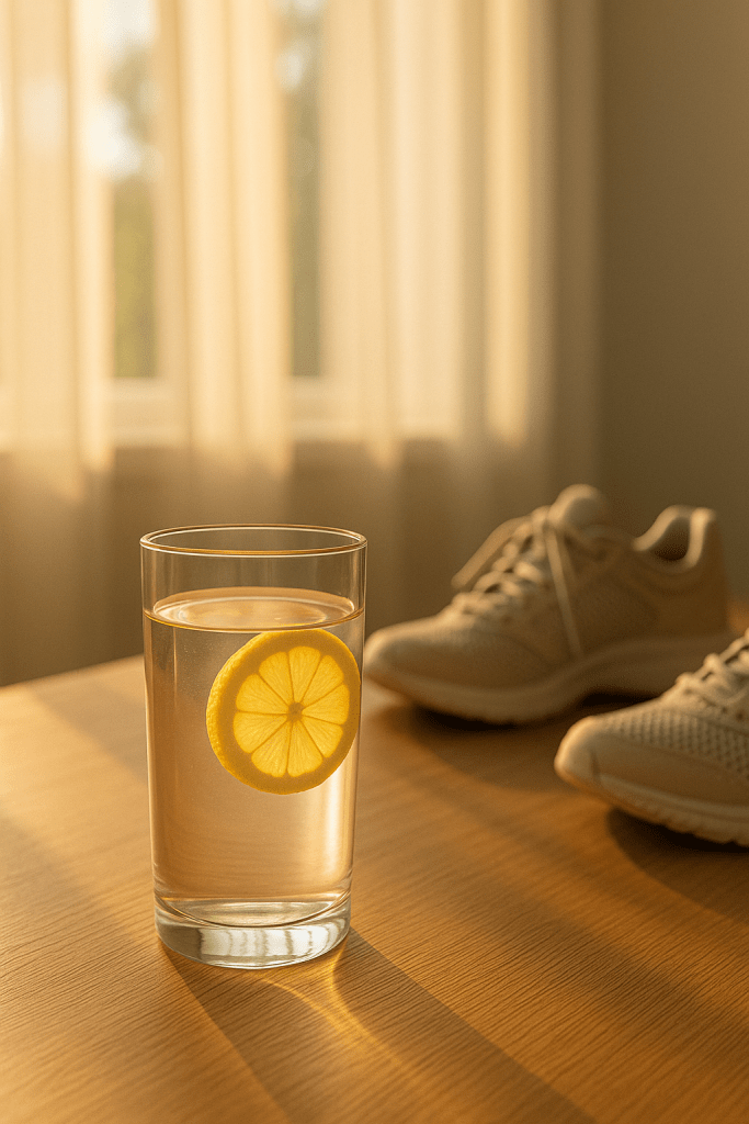 Glass of warm lemon water next to walking shoes, bathed in morning sunlight