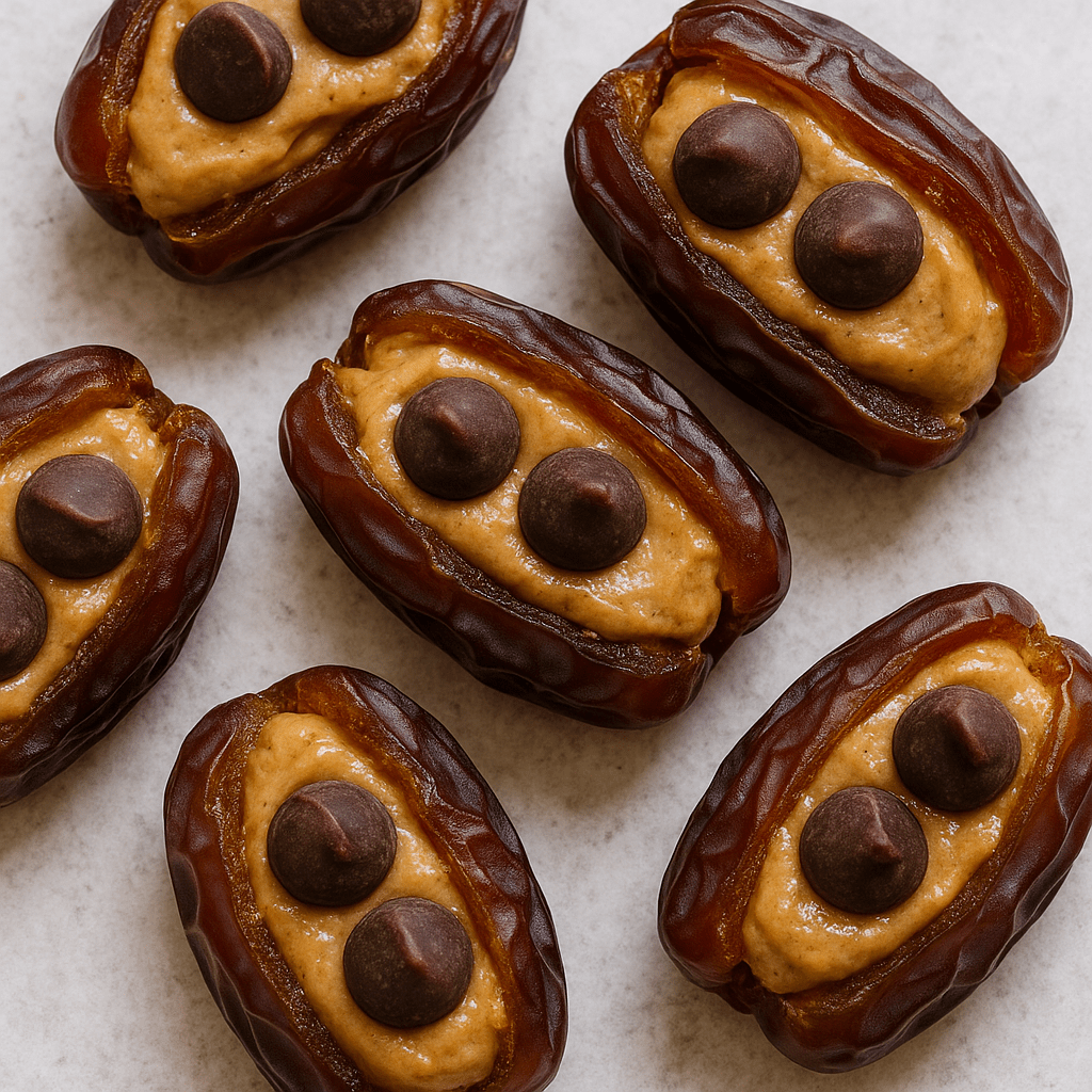 Medjool dates stuffed with almond butter and chocolate – a healthy candy alternative