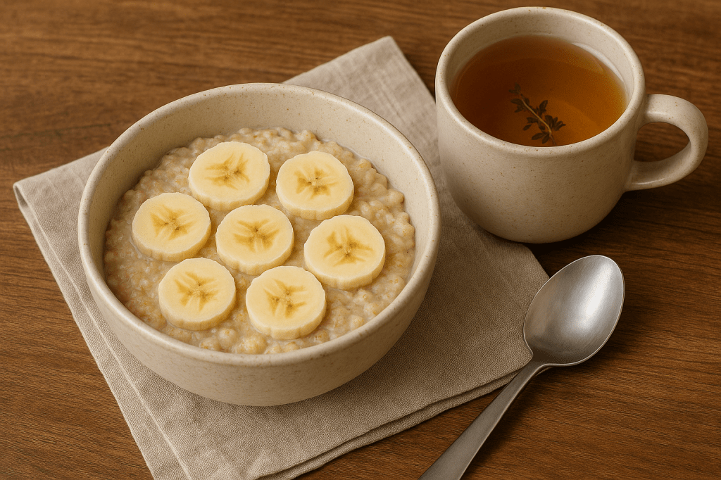 A calming breakfast of oats, banana, and tea to support mental wellness