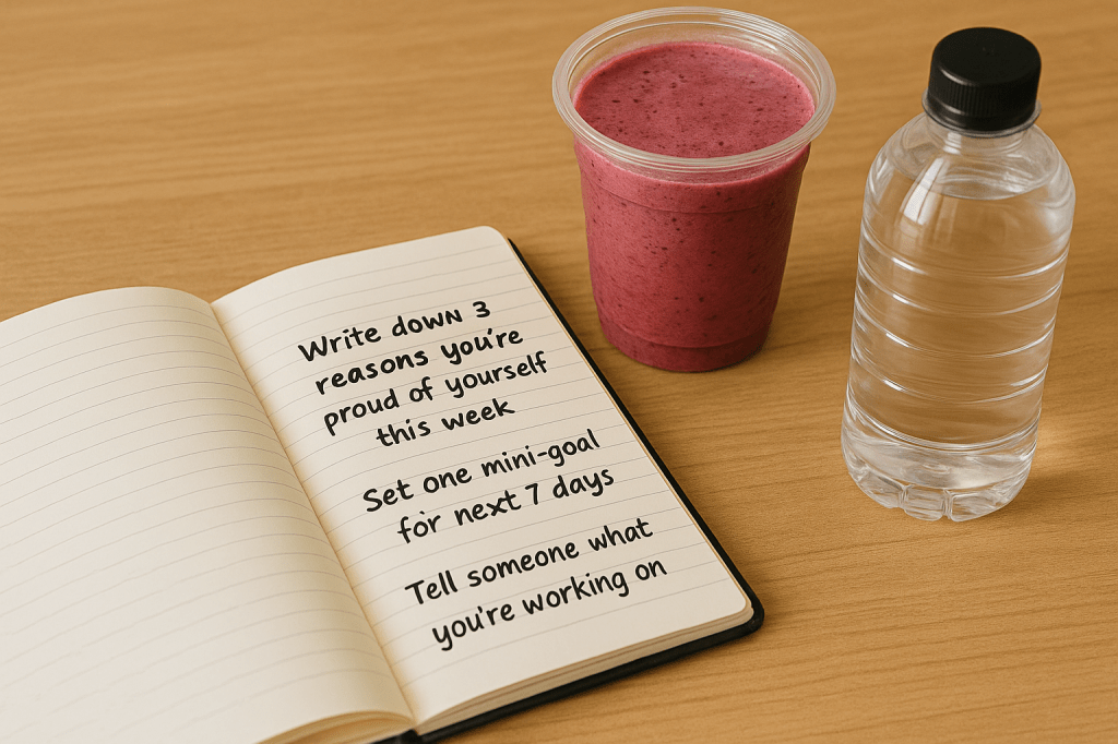Journal with motivational notes next to a smoothie and water bottle