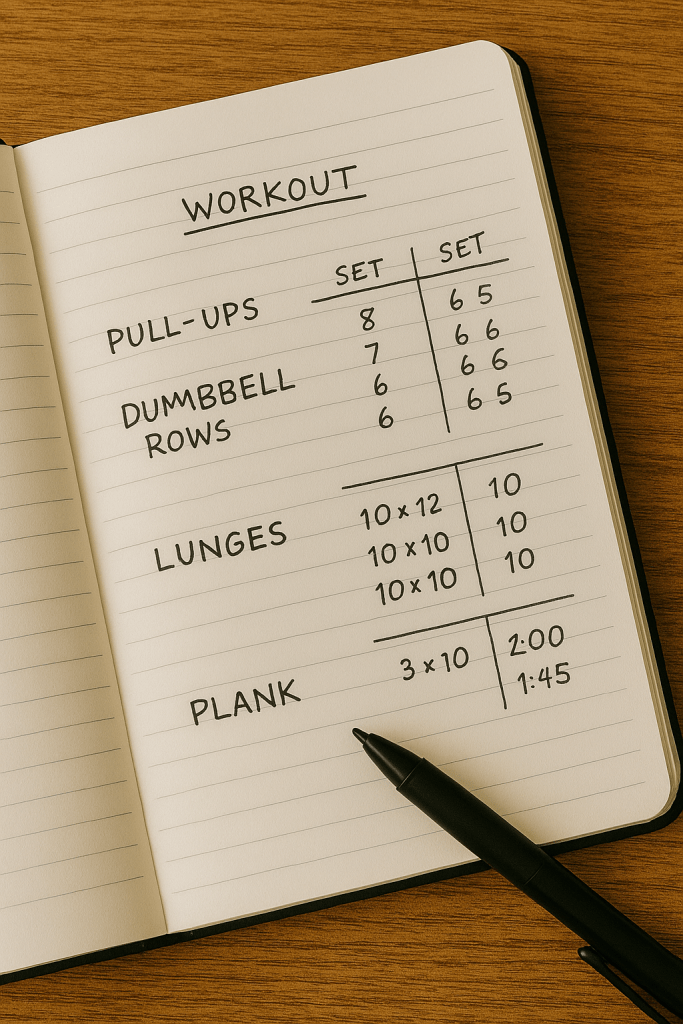 A fitness journal tracking progress for home workouts.