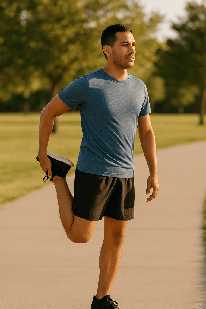 A person doing a standing quad stretch outdoors post-run.