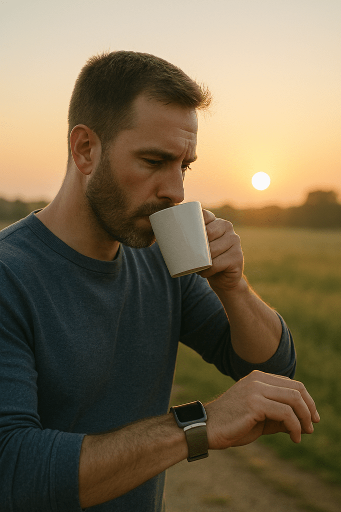 Person drinking black coffee while watching the clock during a fast