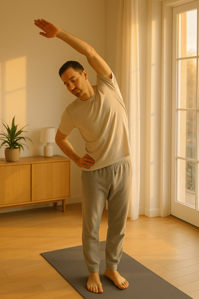 Person stretching in morning sunlight by a window