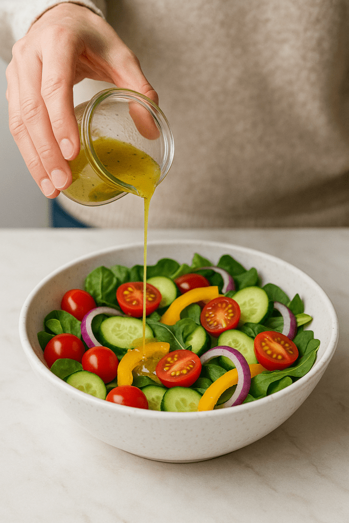 Homemade seed-oil-free dressing being poured on salad – clean eating alternative