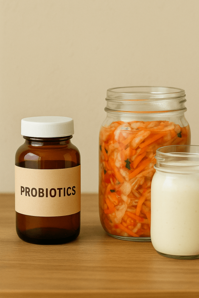 Daily probiotic supplement surrounded by gut-healthy fermented foods