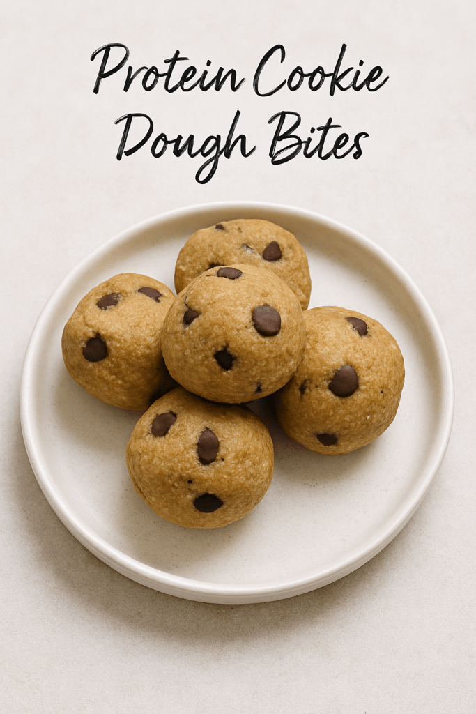 No-bake protein cookie dough bites stacked on a plate