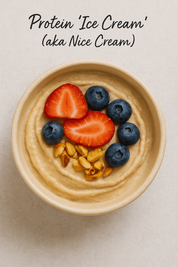 High-protein banana nice cream with toppings in a bowl