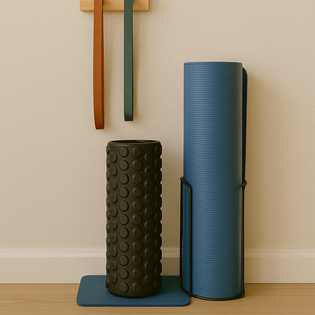 A recovery corner with foam roller, resistance bands, and yoga mat neatly stored.