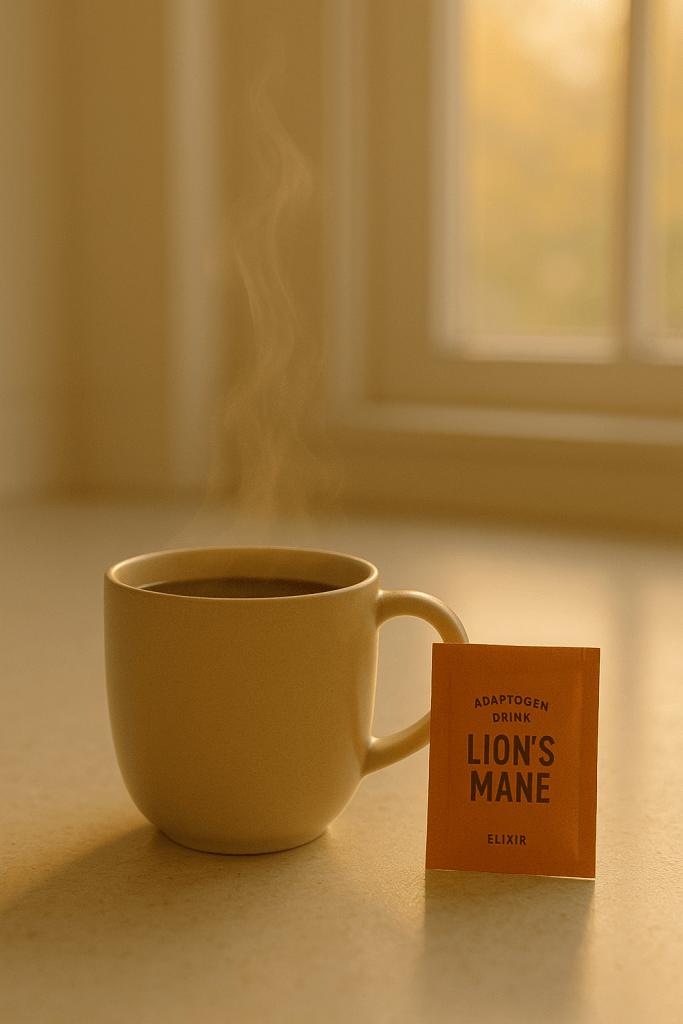 A steaming cup of adaptogen drink with a packet labeled “Lion’s Mane” beside it