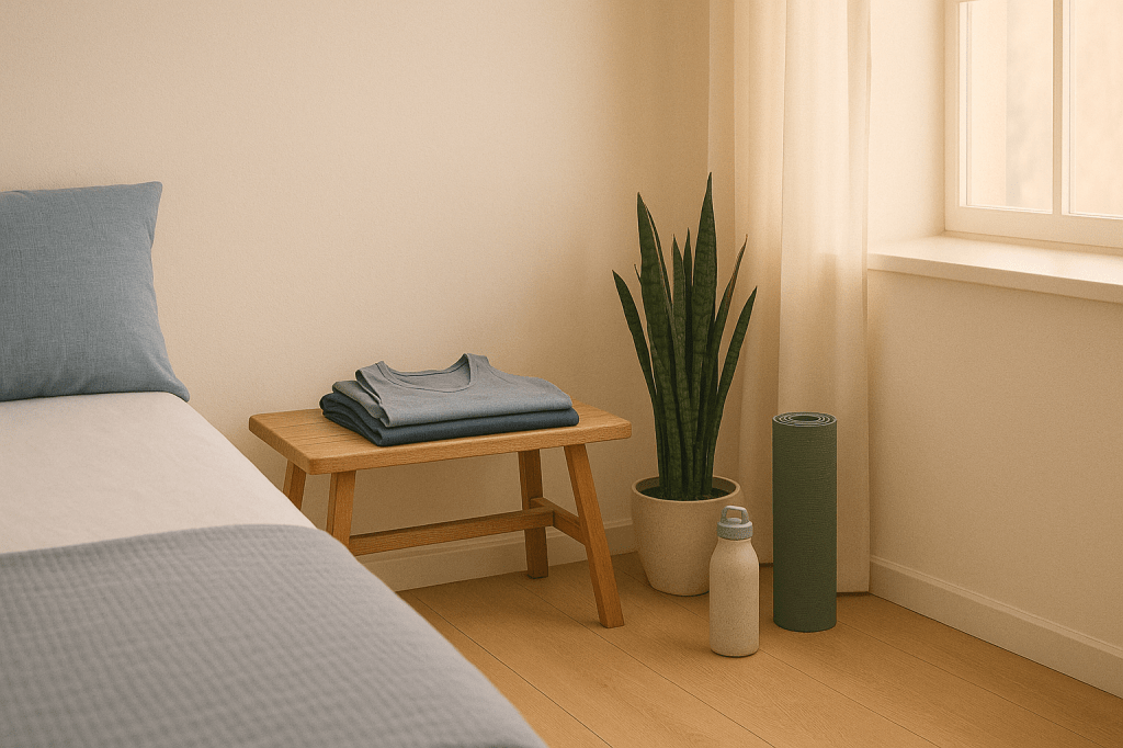 Tidy bedroom corner with water bottle, gym clothes, and a peaceful vibe