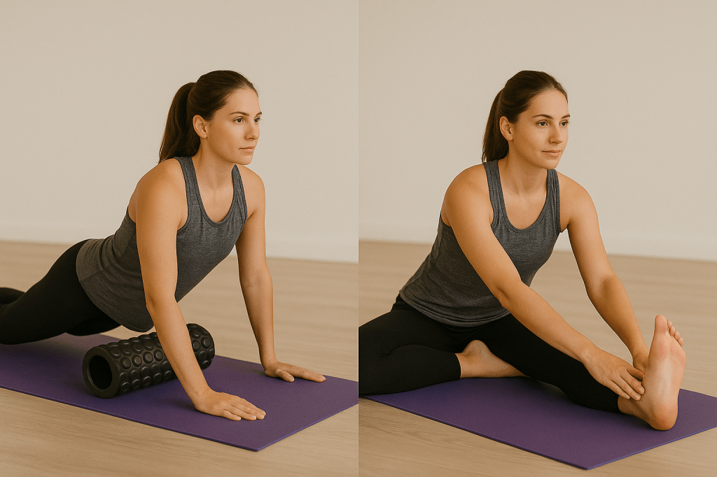 A woman foam rolling her quads followed by a seated hamstring stretch.