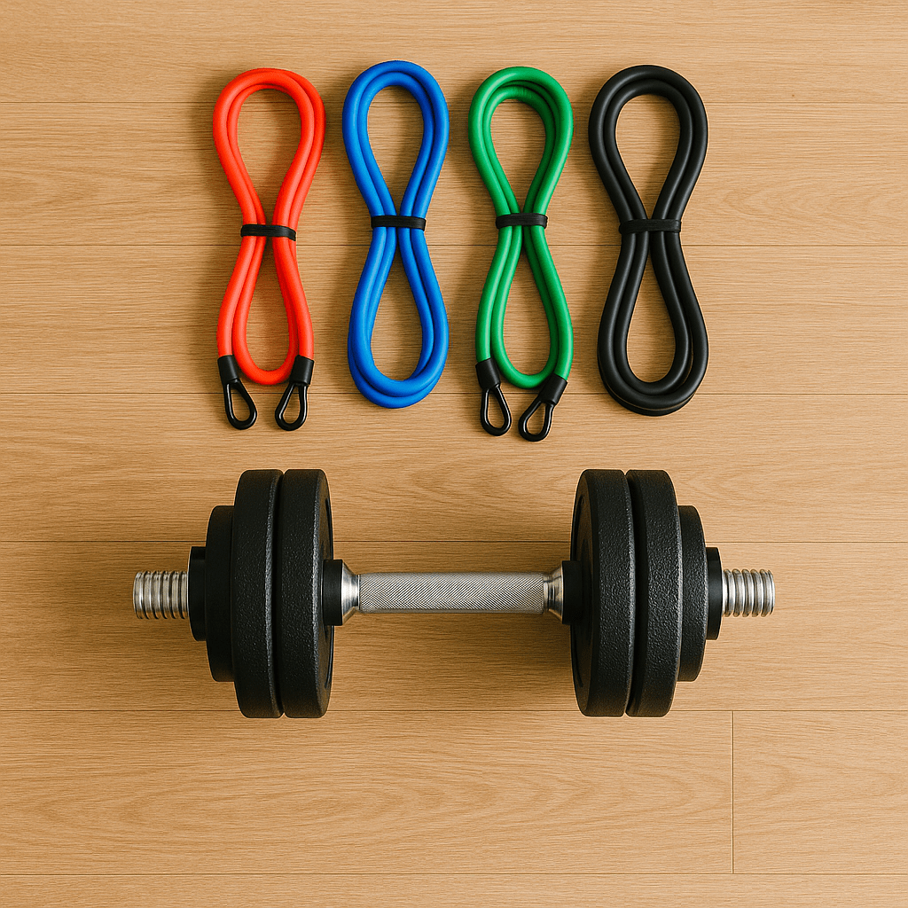 Adjustable dumbbells and colorful resistance bands ready for a home workout.