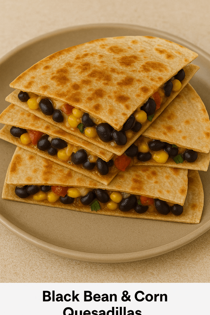 Golden-brown black bean and corn quesadilla wedges with salsa on the side.