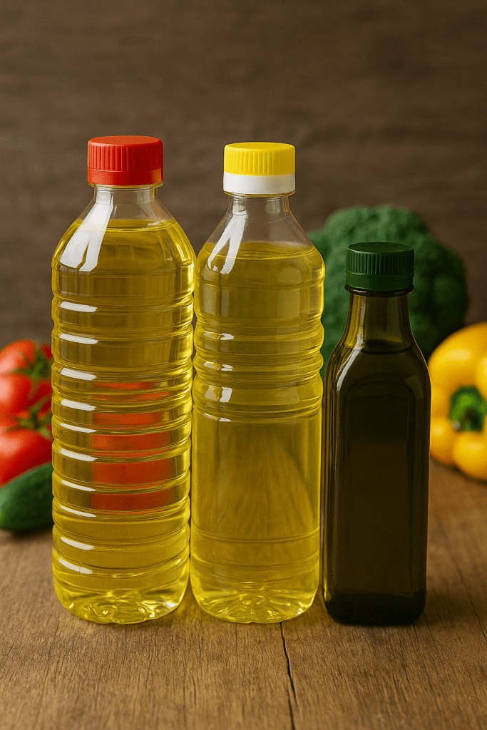 Variety of cooking oils including canola, sunflower, and olive oil with fresh vegetables.