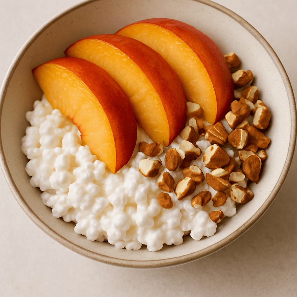 A bowl of cottage cheese topped with fresh peaches and chopped almonds.