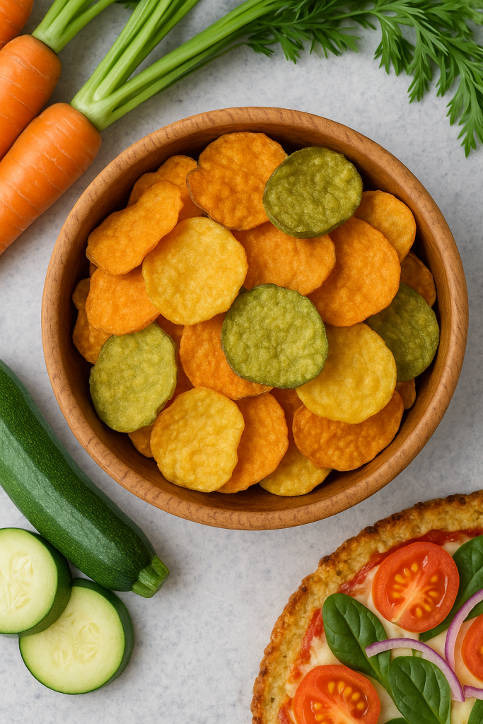 Healthy veggie chips in a bowl, surrounded by fresh carrots and zucchini for a nutritious snack.