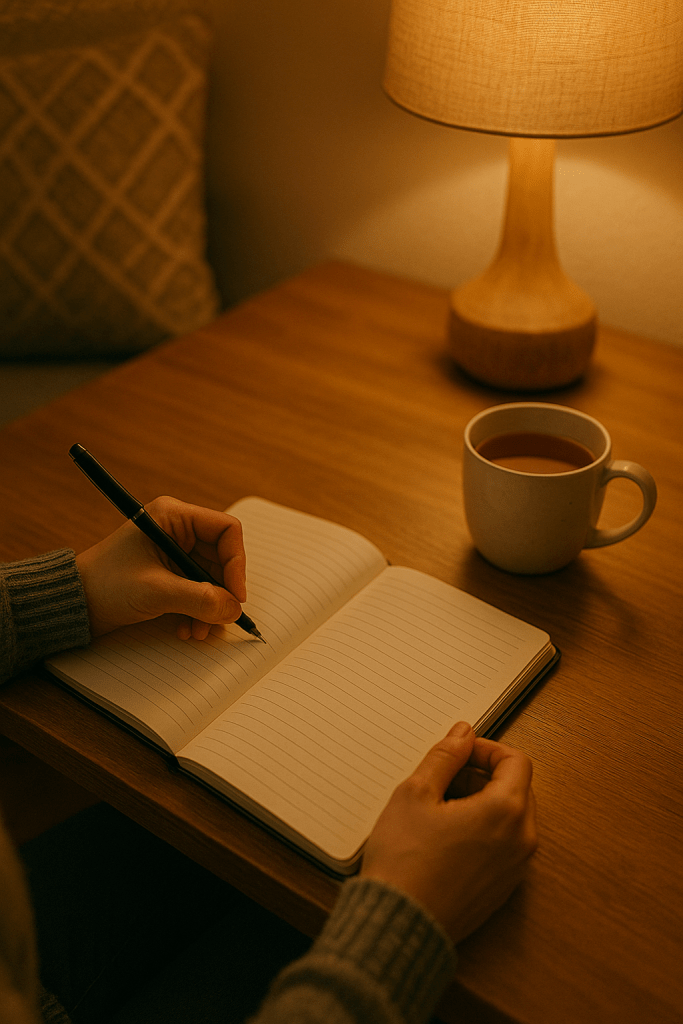 Person journaling in a cozy space with a cup of herbal tea.