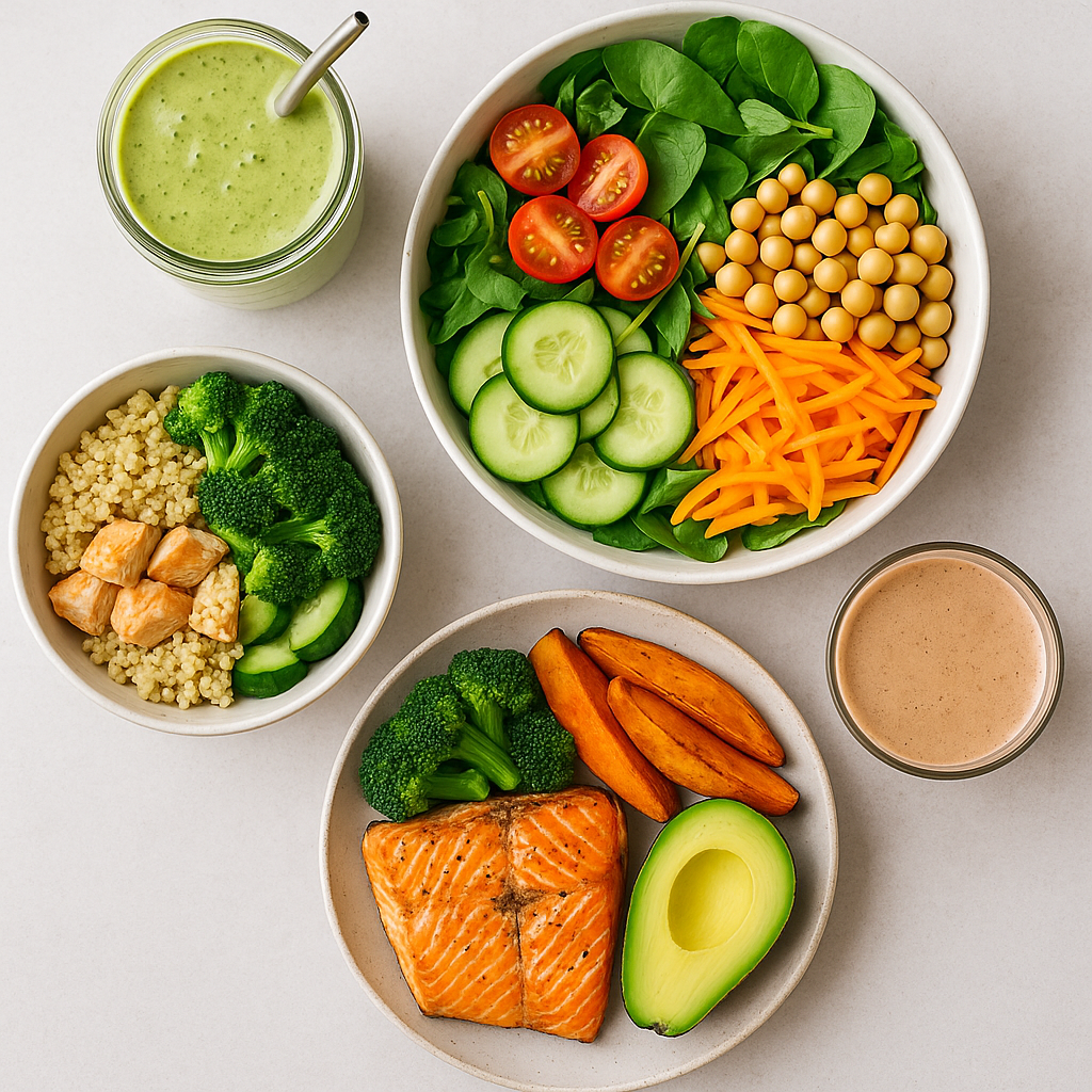 Flat lay of a full day of balanced meals including smoothie, salad, and salmon dinner.
