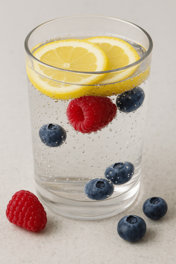 Sparkling water with lemon and berries for a healthier, refreshing drink.