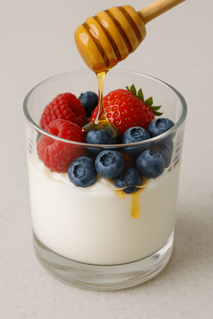 Greek yogurt parfait with fresh berries and honey, a healthier ice cream alternative.